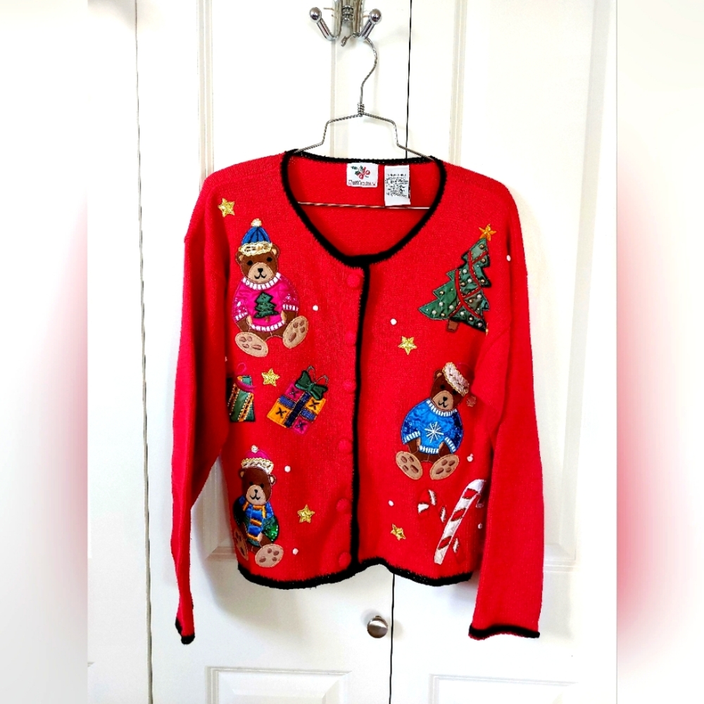 Teddy Bear Christmas‎ Cardigan sz Small Nutcracker Vintage Beaded Sweater